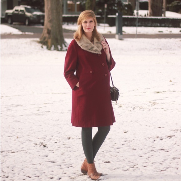 Wool Vintage Coat with Fur Collar - Beautiful Raspberry! - Picture 7 of 7